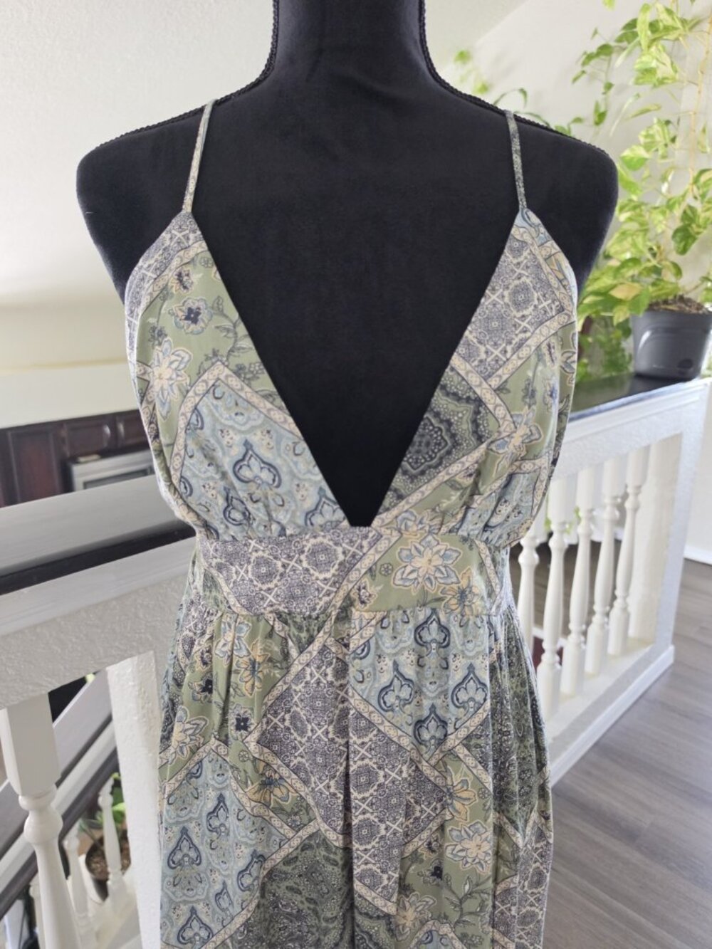 Inspired Hearts Green/Blue Paisley Rayon Maxi Dress V-Neck Spaghetti Strap Large - Picture 6 of 7